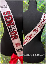 Load image into Gallery viewer, Outline Text Senior Sash with Text On Front & Back Text - Cheer Dance Basketball Soccer Drill Team Colorguard - Customize Colors