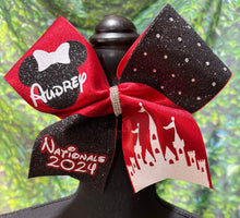 Load image into Gallery viewer, Ms Mr Santa Hat Mouse Castle Rhinestone Personalized Cheer Bow