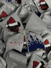 Load image into Gallery viewer, Ms Mr Santa Hat Mouse Castle Rhinestone Personalized Cheer Bow
