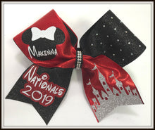 Load image into Gallery viewer, Ms Mr Santa Hat Mouse Castle Rhinestone Personalized Cheer Bow
