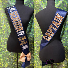 Load image into Gallery viewer, Senior Sash w/ Text On Back - Outline Text - Wide Sash - Customize Colors & Image