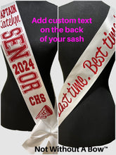 Load image into Gallery viewer, Cheer Senior Sash With Front & Back Text - Wide Sash - Customize Colors