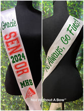 Load image into Gallery viewer, Cheer Senior Sash - Cheer Megaphone Senior Night Sash With Front &amp; Back Text -  Wide Sash - Customize Colors
