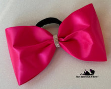 Load image into Gallery viewer, Pink Awareness Satin Tailess Cheer Bow 4" XL with Rhinestone Center