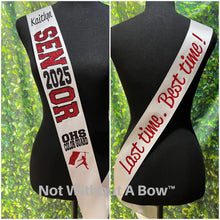 Load image into Gallery viewer, Outline Text Senior Sash with Text On Front & Back Text - Cheer Dance Basketball Soccer Drill Team Colorguard - Customize Colors