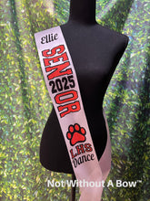 Load image into Gallery viewer, Outline Text Senior Sash - Cheer paw Dance Basketball Soccer Drill Team Color guard - Wide Sash - Customize Colors