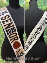 Load image into Gallery viewer, Outline Text Senior Sash with Text On Front & Back - Cheer Dance Basketball Soccer Drill Team Colorguard - Wide Sash - Customize Colors