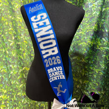 Load image into Gallery viewer, Outline Text Senior Sash  - Cheer Dance Basketball Soccer Drill Team Color guard  - Wide Sash - Customize Colors
