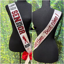 Load image into Gallery viewer, Outline Text Senior Sash with Text On Front &amp; Back Text  - Cheer Dance Basketball Soccer Drill Team Colorguard  - Customize Colors

