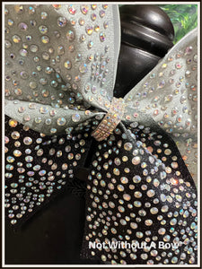 Ombre Glitter Sublimation Cheer Bow | With Dual Size AB Rhinestones | Silver Black