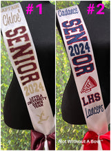 Load image into Gallery viewer, Senior Sash w/ Text On Back - Outline Text - Wide Sash - Customize Colors &amp; Image
