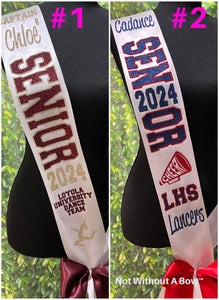 Senior Sash w/ Text On Back - Outline Text - Wide Sash - Customize Colors & Image