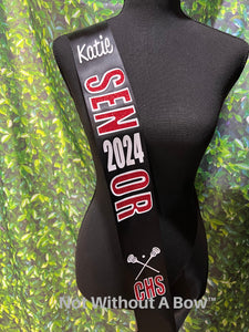 Outline Text Senior Sash - Lacrosse Cheer Cheerleading  Basketball Soccer Drill Team Colorguard  - Customize Colors