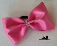 Load image into Gallery viewer, Pink Awareness Satin Tailess Cheer Bow 4" XL with Rhinestone Center
