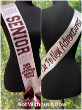 Load image into Gallery viewer, Outline Text Senior Sash with Text On Front &amp; Back  - Cheer Dance Basketball Soccer Drill Team Colorguard  - Wide Sash - Customize Colors
