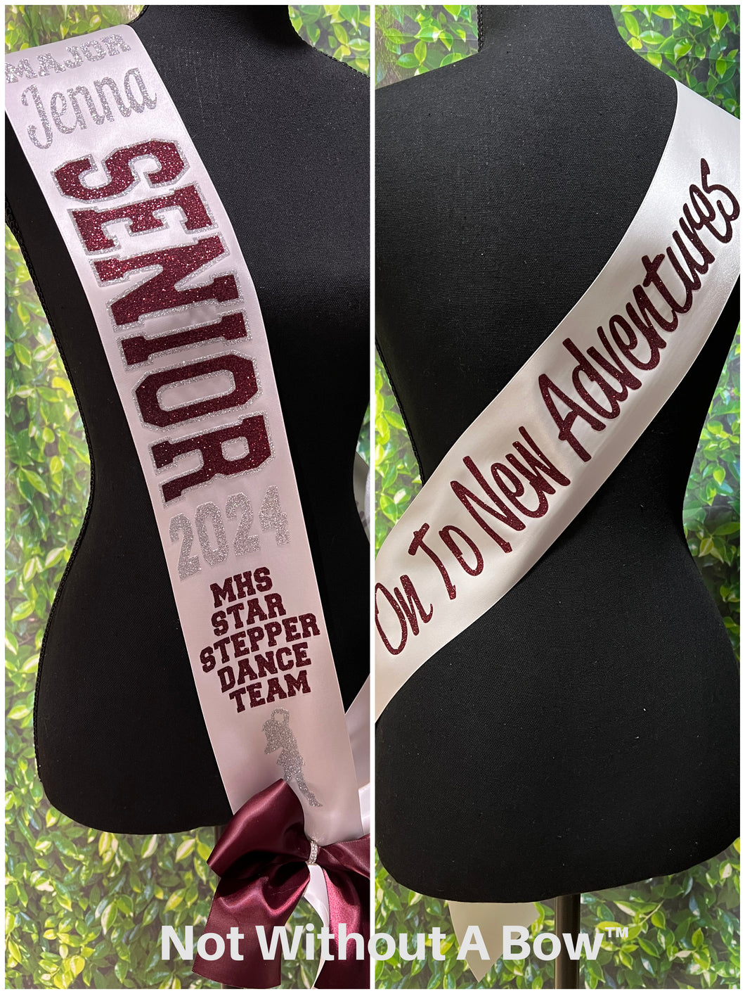 Outline Text Senior Sash with Text On Front & Back  - Cheer Dance Basketball Soccer Drill Team Colorguard  - Wide Sash - Customize Colors