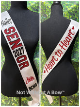 Load image into Gallery viewer, Outline Text Senior Sash with Text On Front &amp; Back Text  - Cheer Dance Basketball Soccer Drill Team Colorguard  - Customize Colors
