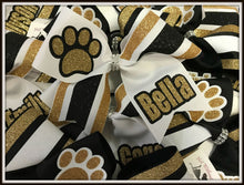 Load image into Gallery viewer, Paw Print Triple Stripe Glitter Personalized Cheer Bow
